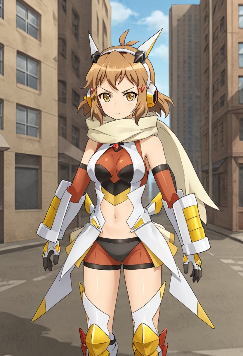 1girl, solo, thibikianotherif, gungnirmode, brown hair, antenna hair, yellow eyes, yellow eyes, short hair, hairclip, headgear, headphones, scarf, bodysuit, armor, navel, gauntlets, armored boots, outdoors, city, street, standing, cowboy shot, serious, closed mouth, looking at viewer