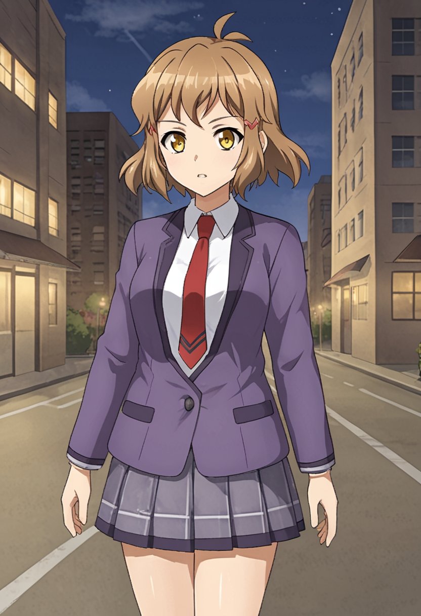 1girl, solo, thibikianotherif, brown hair, antenna hair, brown eyes, yellow eyes, short hair, hairclip, purple jacket, open clothes, white shirt, red necktie, plaid skit, school uniform, outdoors, city, street, walking, parted lips, looking at viewer, cowboy shot