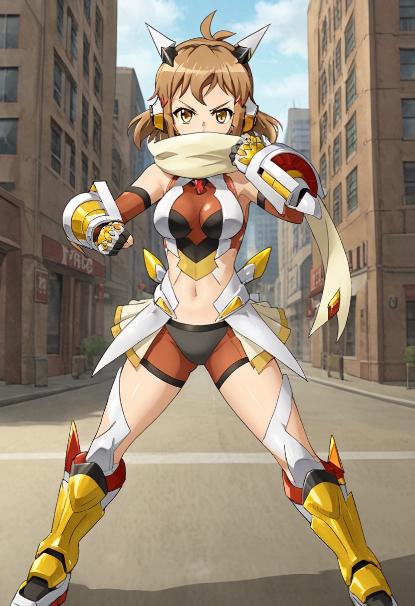 1girl, solo, thibikianotherif, gungnirmode, brown hair, antenna hair, yellow eyes, short hair, hairclip, headgear, headphones, scarf, bodysuit, armor, navel, gauntlets, armored boots, outdoors, city, street, standing,  fighting stance, dynamic pose, serious, angry, covered mouth