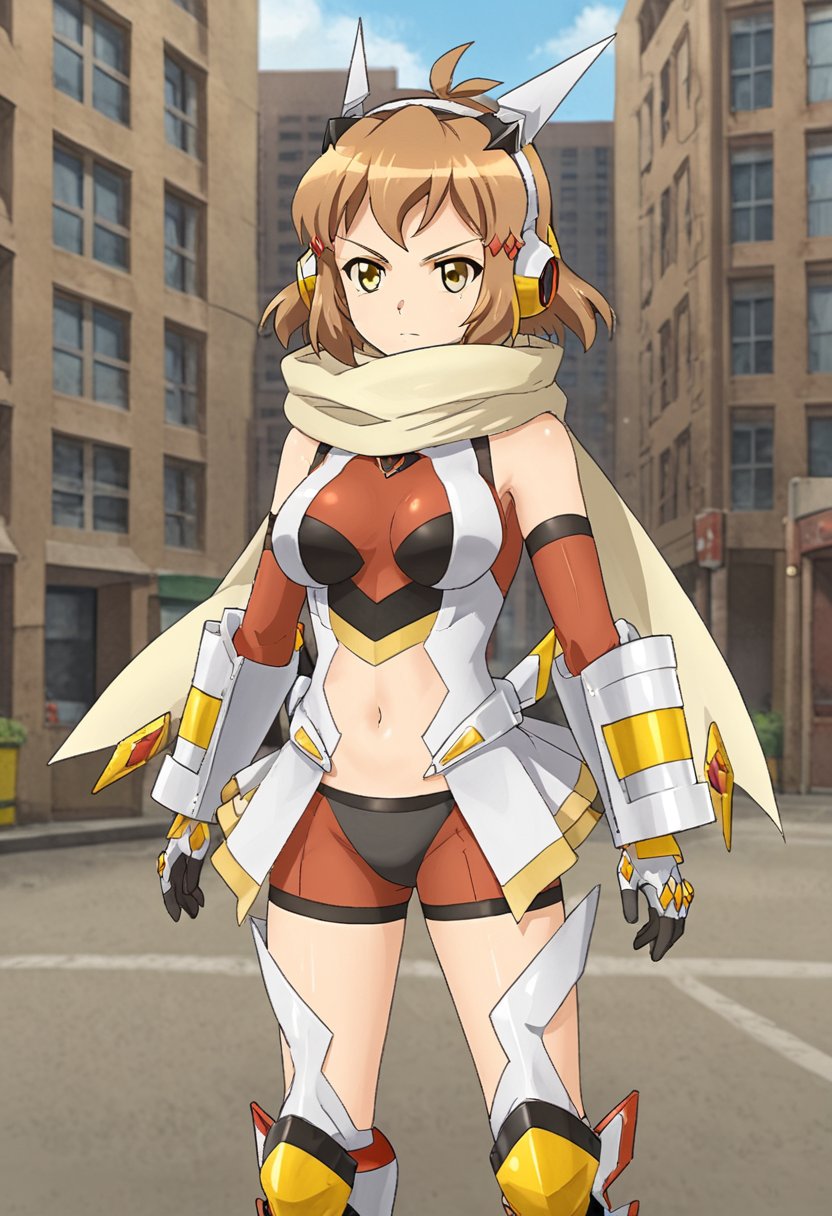 1girl, solo, thibikianotherif, gungnirmode, brown hair, antenna hair, yellow eyes, yellow eyes, short hair, hairclip, headgear, headphones, scarf, bodysuit, armor, navel, gauntlets, armored boots, outdoors, city, street, standing, cowboy shot, serious, closed mouth, looking at viewer