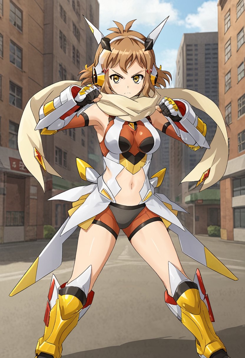 1girl, solo, thibikianotherif, gungnirmode, brown hair, antenna hair, yellow eyes, short hair, hairclip, headgear, headphones, scarf, bodysuit, armor, navel, gauntlets, armored boots, outdoors, city, street, standing,  fighting stance, dynamic pose, serious, angry