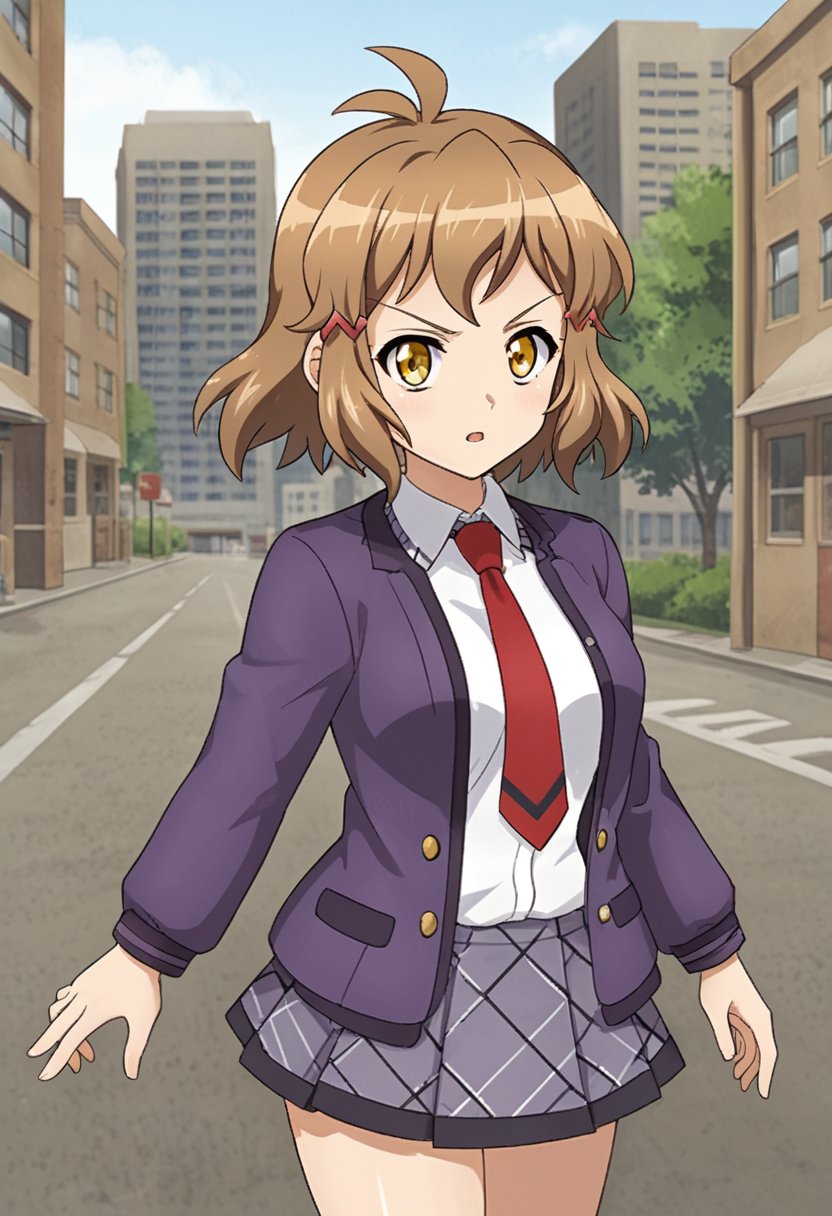 1girl, solo, thibikianotherif, brown hair, antenna hair, brown eyes, yellow eyes, short hair, hairclip, purple jacket, open clothes, white shirt, red necktie, plaid skit, school uniform, outdoors, city, street, walking, v-shaped eyebrows, parted lips, looking at viewer, cowboy shot