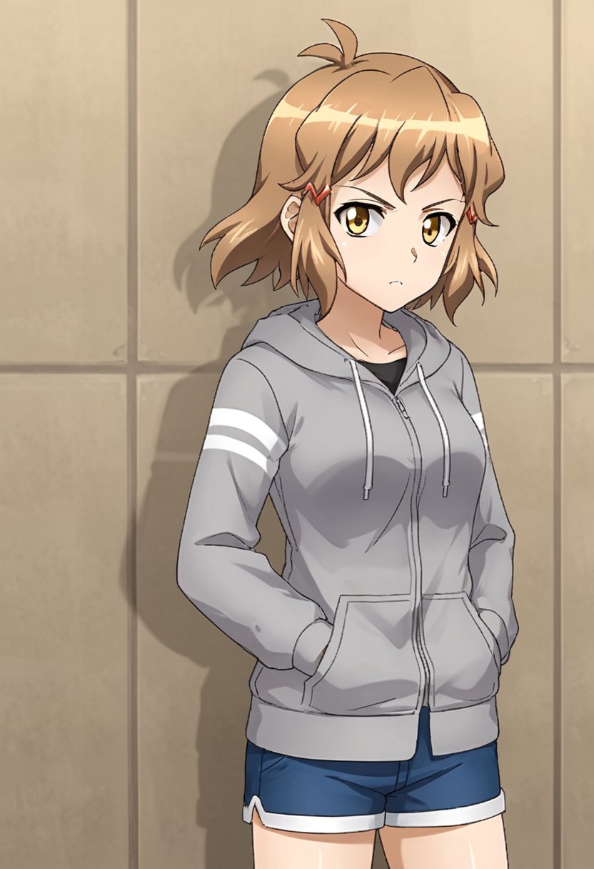 1girl, solo, thibikianotherif, brown hair, antenna hair, brown eyes, yellow eyes, short hair, hairclip, grey shirt, hooded sweater, blue shorts, hands on pockets, leaning, wall, looking at viewer, serious, 