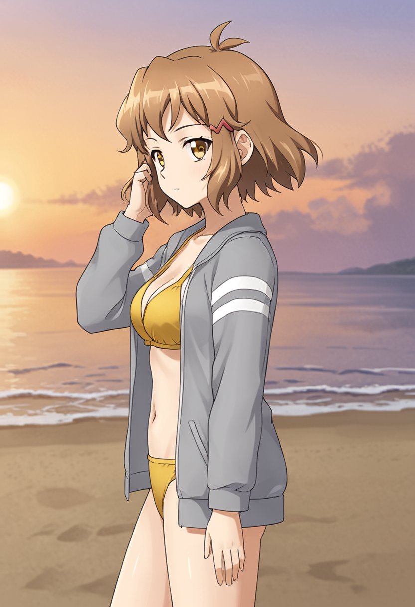 1girl, solo, thibikianotherif, brown hair, antenna hair, brown eyes, yellow eyes, short hair, hairclip, grey jacket, open clothes, yellow bikini, outdoors, beach, sunset, hand on hair, from side, looking at viewer, standing, cowboy shot