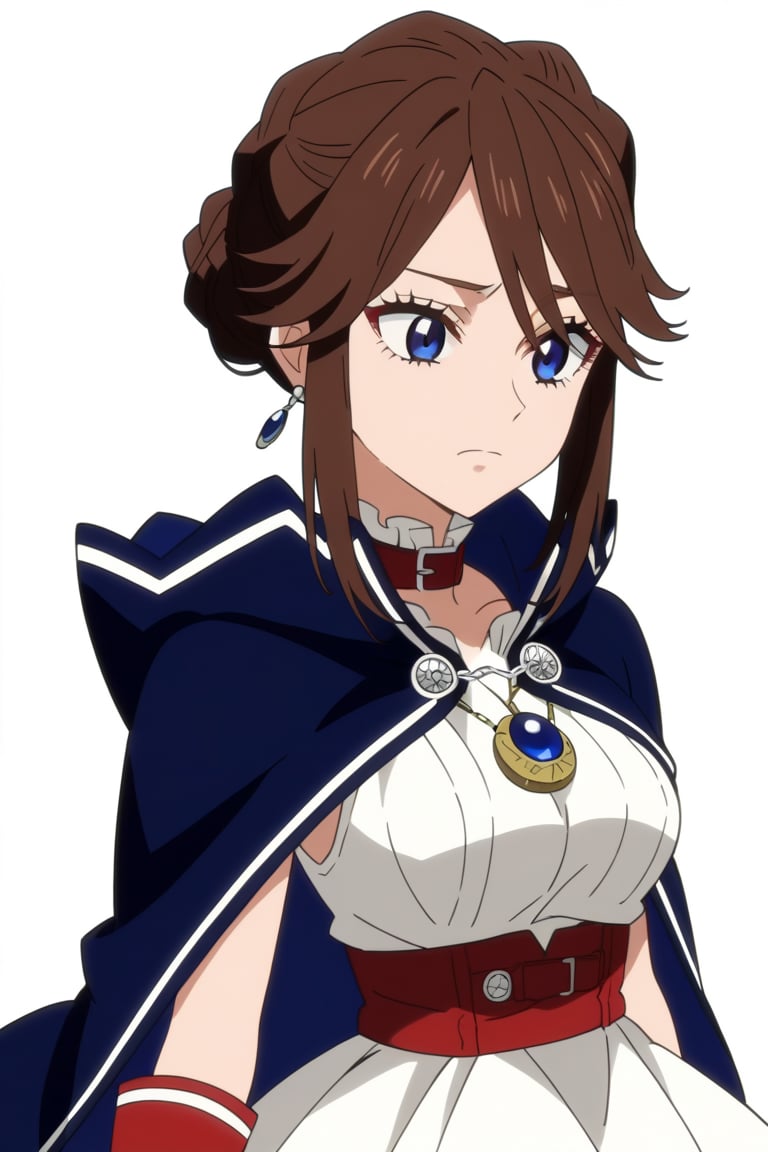 score_9, score_8_up, score_7, source_anime, anime screencap, BREAK,
1girl, Karna Freese, brown hair, blue eyes, blue cape, red choker, white dress, red boots, single bun, 

, Cowboy shot, 

, ((white background, blank background)):1.3,