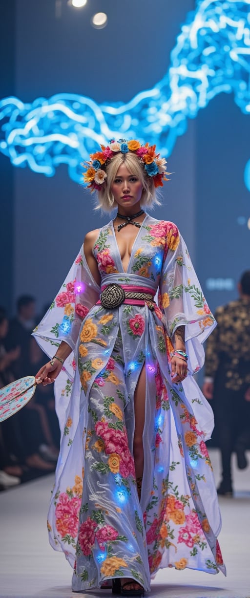 A futuristic fashion runway concept with a beautiful Caucasian woman in the center. She is wearing a traditional Japanese kimono witha futuristic twist. The kimono is made of translucent, glowing fabric and features wide, flowing sleeves, an elegantly tied obi sash, and a floor-length skirt. The garment is intricately embedded with LED patterns that showcase traditional Japanese motifs such as cherry blossoms, waves, cranes, and bamboo. The dress also has an ethereal, complex asymmetric blue pattern that glows and projects across the entire outfit. She has platinum blonde hair styled with straight bangs and an intricate braided hairstyle featuring a diamond pattern and multiple small braids. She is adorned with a large, gorgeous choker, and a floral headdress featuring an abundance of flowers in various colors. In her hand, she holds a traditional Japanese fan,kimonoFT,noc-futuristic,Mecha
t.,ct-chasartre,ct-bustyy2,ct-kbright,ct-chainb,ct-biskitity,ct-rosity,ct-smeraldity,ct-hyuntity,ct-leetity,ct-arix,ct-savaga,ct-muun,ct-vituajis,ct-identityV2,ct-dbe