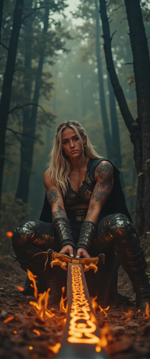 A fierce sexy blonde female warrior crouched low, gripping a long, ornate sword with both hands, illuminated by a fiery orange aura that highlights intricate golden designs on the blade and hilt; rugged expression, dark tousled hair flowing freely, clad in elaborate metallic armor with a dark cloak draping over his back; misty twilight forest background with dark looming trees, smoky ethereal air, glowing embers and sparks around; earthy browns, oranges, and golds dominate the scene, contrasting with cooler dark greens and grays of the forest, creating a mystical, intense atmosphere,jisosmile,ct-kbright,ct-arix,ct-savaga,ct-blondie,ct-blodolx,ct-bustyy2,ct-chainb,ct-bibity,ct-dbe