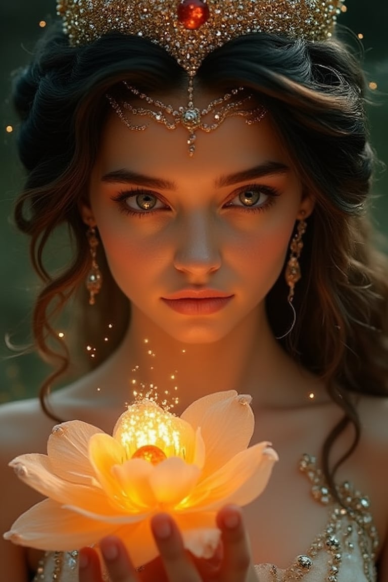 A close-up shot of a regal princess holding a delicate, otherworldly flower. The scene is illuminated by soft, ethereal light, casting a magical glow. The princess's expression is serene, her eyes reflecting wonder and grace. Her attire is ornate, with intricate details that shimmer. The flower in her hand is vibrant and surreal, with petals that seem to glow. The composition emphasizes the princess's delicate features and the enchanting beauty of the flower, creating a sense of wonder and elegance.