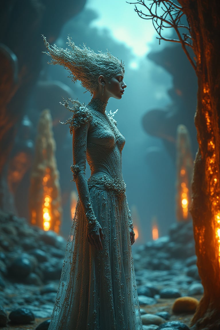 A surreal, regal majesty stands in a fantastical, otherworldly setting. The scene is framed in a wide shot, capturing the vibrant, strange environment with its organic, alien-like formations. The lighting is otherworldly, casting an eerie glow. The majesty's attire is ornate and ethereal, with intricate details that shimmer in the unusual light. Their posture is poised and commanding, exuding a sense of nobility and power. The composition highlights the contrast between the majesty's elegance and the bizarre surroundings, creating a captivating and mysterious atmosphere.