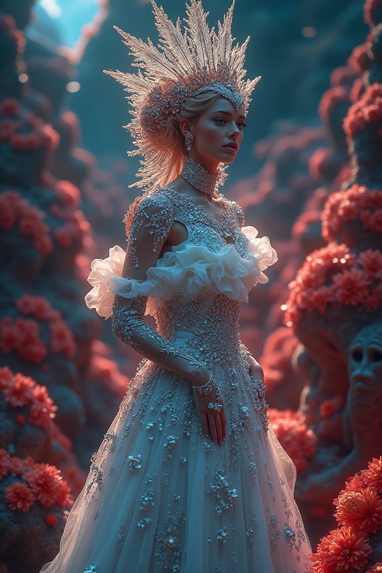 A surreal, regal majesty stands in a fantastical, otherworldly setting. The scene is framed in a wide shot, capturing the vibrant, strange environment with its organic, alien-like formations. The lighting is otherworldly, casting an eerie glow. The majesty's attire is ornate and ethereal, with intricate details that shimmer in the unusual light. Their posture is poised and commanding, exuding a sense of nobility and power. The composition highlights the contrast between the majesty's elegance and the bizarre surroundings, creating a captivating and mysterious atmosphere.