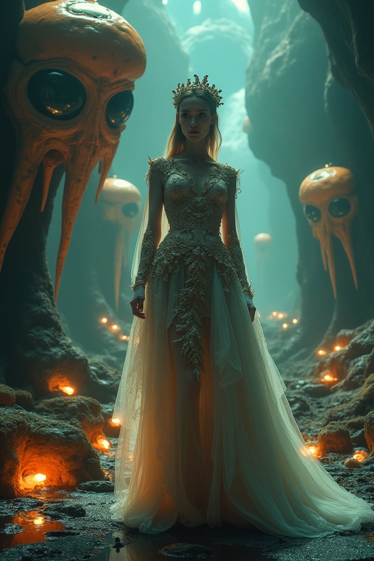 A regal woman in a flowing, ethereal dress stands in a surreal, otherworldly setting. The scene is framed in a medium shot, capturing the vibrant, strange environment with its organic, alien-like formations. The lighting is otherworldly, casting an eerie glow. The woman's dress is ornate, with intricate details that shimmer in the unusual light. Her posture is poised and confident, exuding a sense of nobility. The composition highlights the contrast between the woman's elegance and the bizarre surroundings, creating a captivating and mysterious atmosphere.