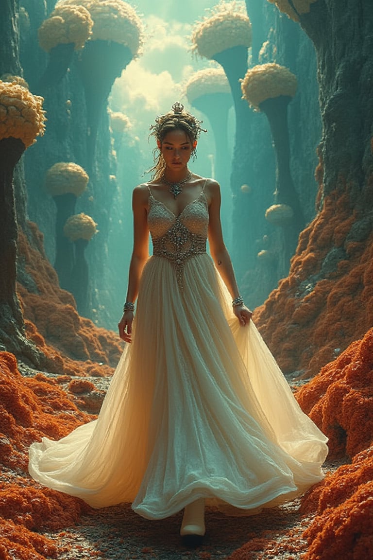 A regal woman in a flowing, ethereal dress walks gracefully on a weird, alien planet. The scene is framed in a wide shot, capturing the surreal landscape with its vibrant, otherworldly colors and strange, organic formations. The lighting is otherworldly, casting an eerie glow. The woman's dress billows as she moves, her posture confident and composed. The composition emphasizes the contrast between the woman's elegance and the bizarre environment, creating a sense of wonder and mystery.