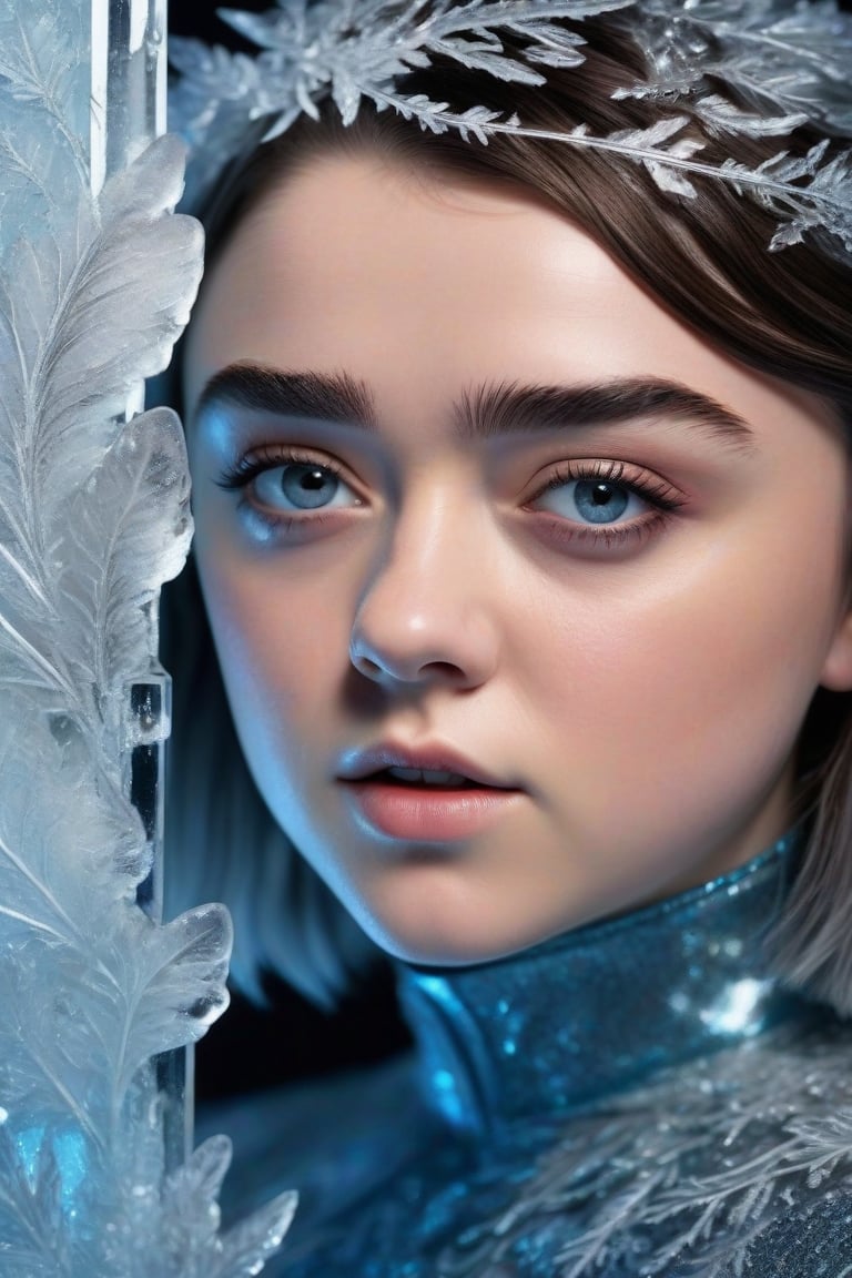 In this hyperrealistic close-up shot, Maisie Williams's youthful face, with white hair and blue-gray hues, is mesmerizing as she draws herself on a heavily frosted mirror. Her finger etches intricate patterns into the thick layer of ice, creating a super impressive, marine-painting-like effect. The alternating lighting casts a dramatic contrast between the frosted and cleared areas, highlighting the crystalline ice formations, delicate feathers, and swirls that cover the mirror's surface. Visible ice crystals add to the frozen ambiance, while an ethereal glow emanates from light refracting through the ice, amplifying the magical quality of this surreal scene.