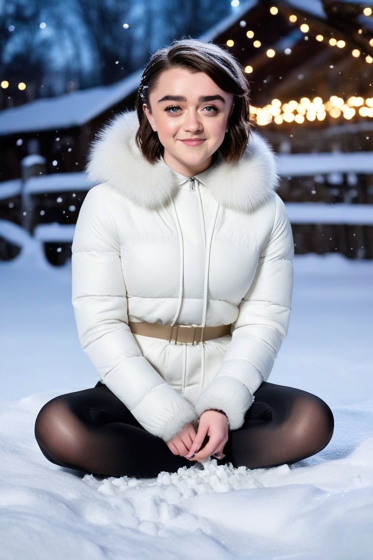 full body photo, Maisie Williams, shot hair, sitting in the snow, cross-legged, smile, provocative pose, white warm but provocative clothing, black tights BREAK cinematic lights, detailed face, detailed hands, professional make-up, detailed eyes,