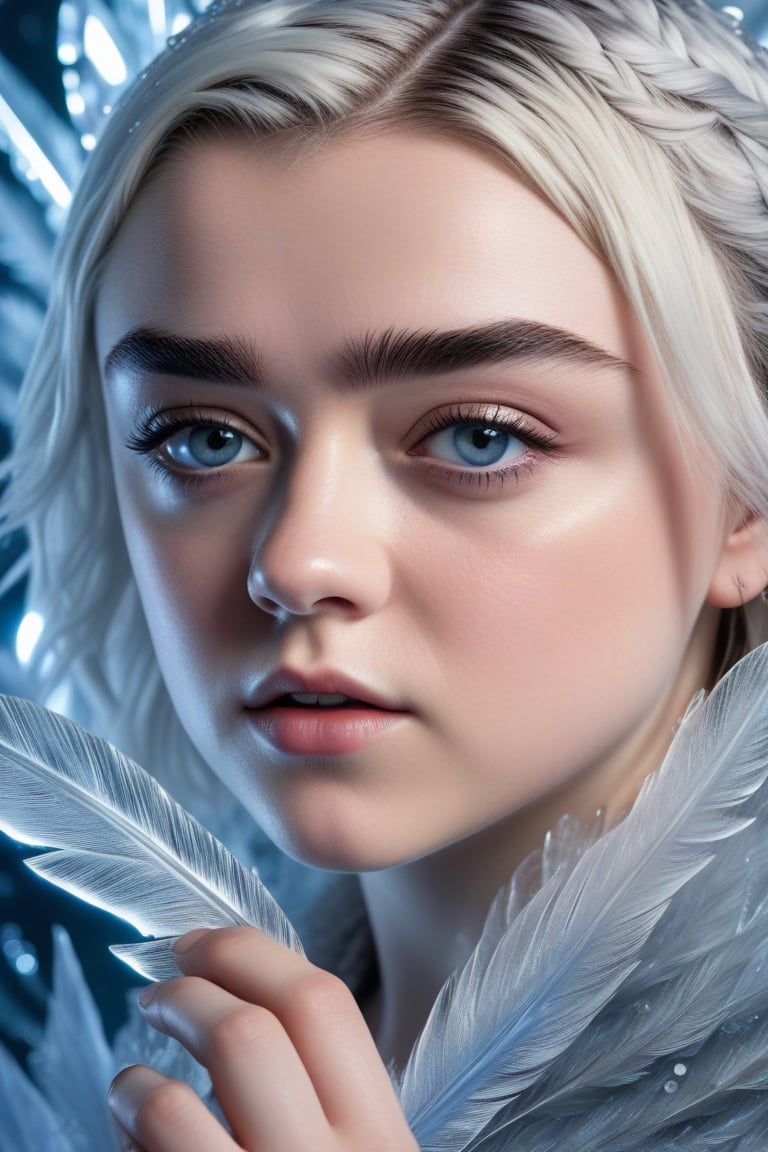 In this hyperrealistic close-up shot, Maisie Williams's youthful face, with white hair and blue-gray hues, is mesmerizing as she draws herself on a heavily frosted mirror. Her finger etches intricate patterns into the thick layer of ice, creating a super impressive, marine-painting-like effect. The alternating lighting casts a dramatic contrast between the frosted and cleared areas, highlighting the crystalline ice formations, delicate feathers, and swirls that cover the mirror's surface. Visible ice crystals add to the frozen ambiance, while an ethereal glow emanates from light refracting through the ice, amplifying the magical quality of this surreal scene.