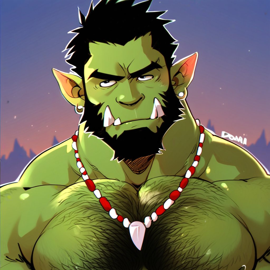 e-w01f, 1boy, bara, beard, black hair, chest tuft, colored skin, earrings, extra tusks, facial hair, full beard, green skin, head tilt, jewelry, large pectorals, male focus, mature male, monster boy, muscular, muscular male, necklace, orc, outdoors, pectorals, pointy ears, short hair, solo, thick beard, thick chest hair, tooth necklace, tribal, tsurime, tusks, score_9, score_8_up, score_7_up, score_6_up, score_5_up, score_4_up