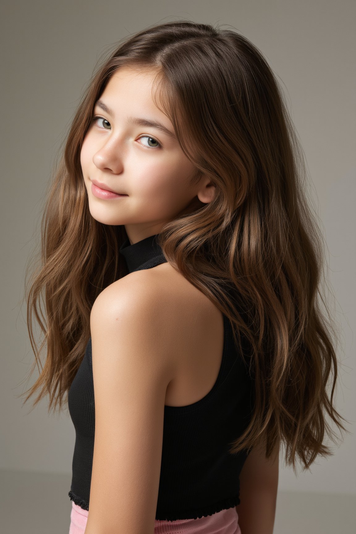 High-fashion portrait using butterfly lighting, key light placed directly in front and slightly above the subject, creating a soft shadow under the nose and emphasizing cheekbones. Clean, bright light with soft shadows fading smoothly. A young girl, around 12-14 years old, with with a light olive skin tone and long, voluminous, wavy brown hair that cascades down her back and shoulders. She has a youthful, heart-shaped face with high cheekbones, almond-shaped green eyes, and a subtle, natural pink lip color. Her facial expression is soft and serene, with a slight, gentle smile. She is wearing a sleeveless, fitted black top that highlights her slender shoulders and upper arms. She is in a fashion model pose. Shot with a Hasselblad H6D-400c MS, ISO 100, 120mm macro lens, f/8 aperture for sharpness. Softbox used for key light, with a diffuser for smooth, natural shadows. High-definition, low exposure for rich details, natural skin tones, and clear depth.