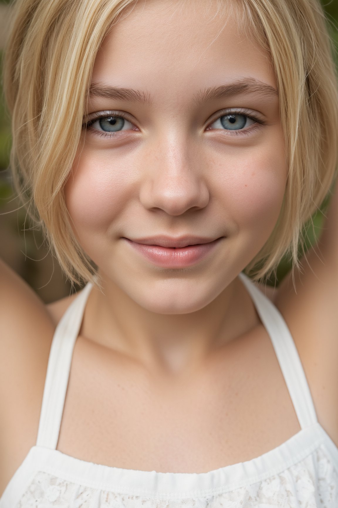 A close-up portrait of a 12 year old girl with soft, delicate features and wide, curious eyes. Her skin is smooth and glowing with a natural, youthful radiance. She has soft, slightly tousled blonde hair that falls gently around her face, and a few light curls frame her cheeks. Her expression is serene, with a slight, shy smile that adds to her innocence. Her bright blue eyes are filled with wonder, and her rosy cheeks hint at her youthful energy. She wears a simple white cotton dress with lace details, enhancing the purity and charm of her appearance. The background is softly blurred, keeping full focus on her face. Natural diffused lighting, like the soft glow of an overcast day, gently illuminates her face, highlighting her innocent features. Shot with a Canon EOS R5, ISO 200, 85mm lens at f/1.8 to create a shallow depth of field, with creamy bokeh enhancing the subject’s delicate features.