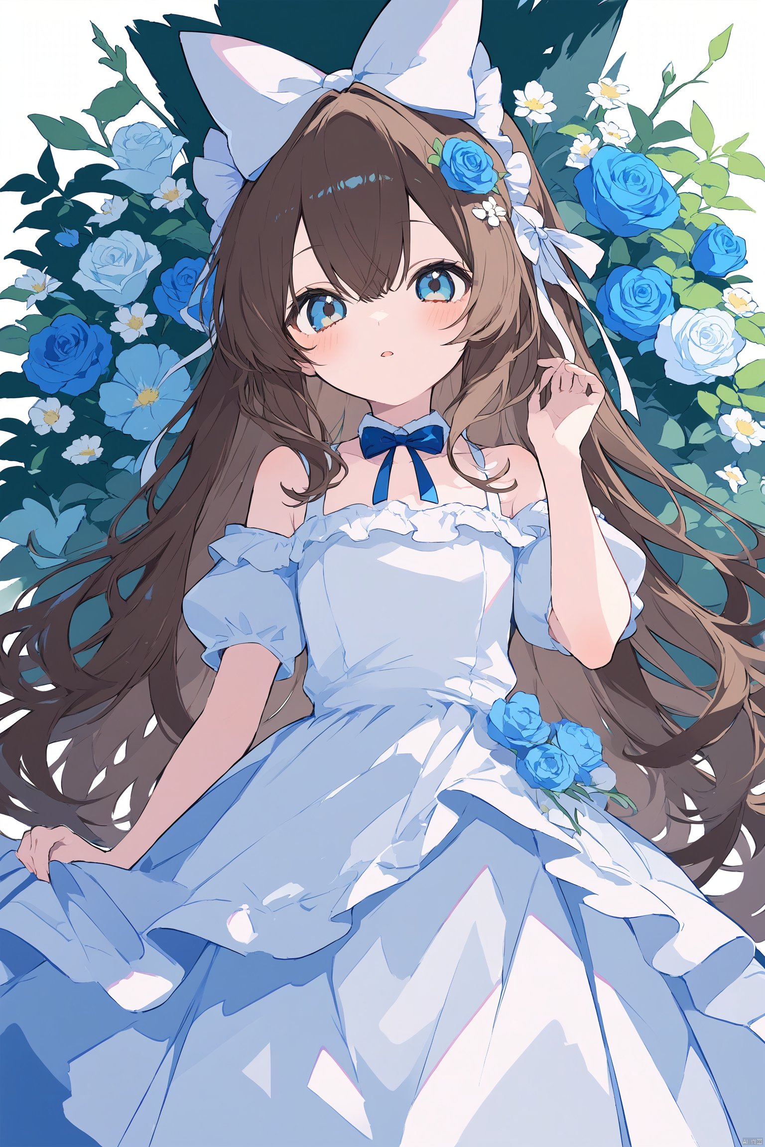 1girl, solo, long hair, looking at viewer, blush, bangs, blue eyes, brown hair, hair ornament, dress, bow, ribbon, holding, hair between eyes, bare shoulders, collarbone, flower, short sleeves, hair bow, frills, parted lips, detached sleeves, puffy sleeves, hand up, white dress, puffy short sleeves, petals, sleeveless dress, rose, blue bow, frilled dress, white bow, white ribbon, blue flower, bouquet, blue rose, rabbit hair ornament, holding bouquet