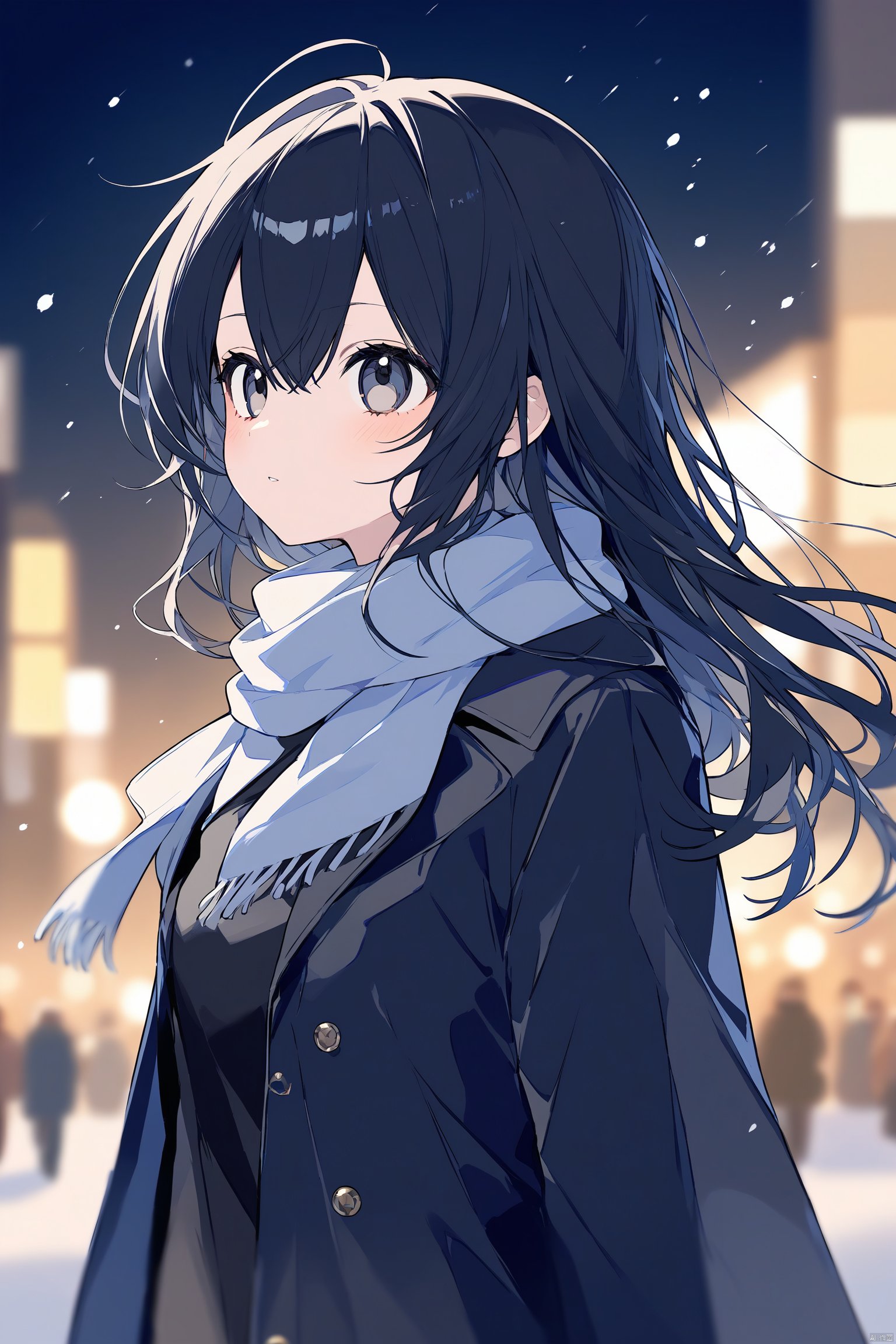 (masterpiece),(best quality),(masterpiece),(best quality),1girl, black_coat, black_hair, blurry, blurry_background, blurry_foreground, bokeh, city_lights, coat, depth_of_field, from_side, jacket, lens_flare, long_hair, long_sleeves, looking_away, motion_blur, outdoors, scarf, snow, snowing, solo, upper_body