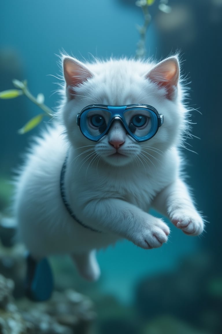 cinematic film still ((BBC Style)) picture of a cute white baby kitten mobster in (wildlife) , swimming in the ocean under the water, white and grey fur, thick matted fur, blue eyes, wearing shorts and goggles over the eyes, with a snorkle and flippers, shallow depth of field, vignette, highly detailed, high budget, bokeh, cinemascope, moody, epic, gorgeous, film grain, grainy, high quality photography, 3 point lighting, flash with softbox, 4k, Canon EOS R3, hdr, smooth, sharp focus, high resolution, award winning action photo, jumping photo, 50mm, wide angle shot, looking_away from the camera, full_length, f2.8, bokeh , side_view, shot as underwater scene
