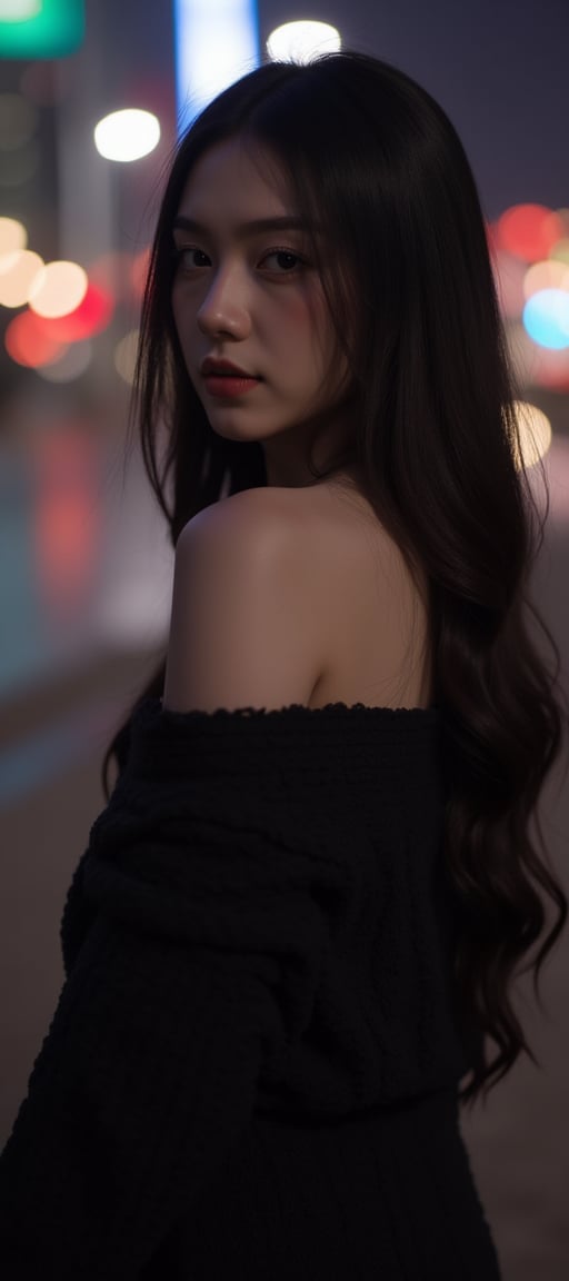  aesthetic portrait, 1girl,solo, long hair, bokeh, depth of field, cinematic, nighttime ,aesthetic portrait,b3rli,ch3ls3a