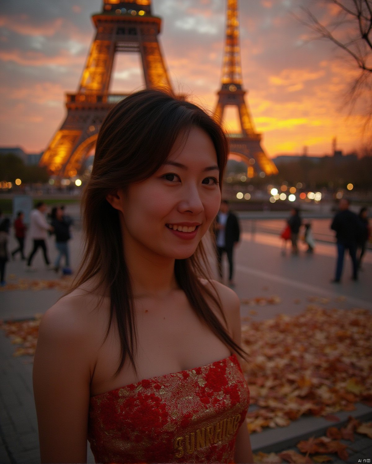 Here is a prompt for creating an exquisitely detailed image based on your description: A cinematic shot taken on the iconic Champs Elysées in Paris at dusk in autumn, as the sun dips below the horizon casting a warm glow (film grain: 1.2). A stunning Chinese woman, wearing a strapless low-cut long dress with intricate details and natural skin texture, stands out against the majestic Eiffel Tower's backdrop. Her radiant smile illuminates her deep cleavage, highlighting her plump breasts, as she proudly displays the bust of her dress featuring bold golden letters 'SUNSHINE'. The fallen leaves on the ground glisten with a warm golden light, reflecting the vibrant colors of the setting sun. Captured using Fujifilm XT3, in 4K resolution, this unity 8k wallpaper boasts ultra-detailed skin texture and finely detailed facial features, showcasing an exquisitely realistic masterpiece.