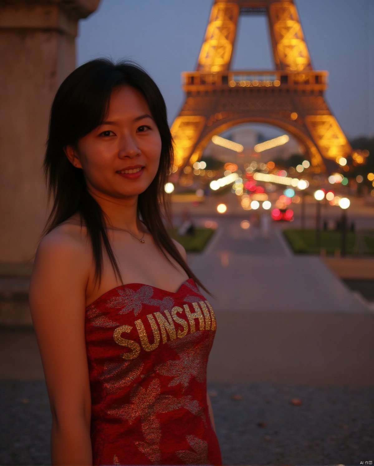 Here is a prompt for creating an exquisitely detailed image based on your description: A cinematic shot taken on the iconic Champs Elysées in Paris at dusk in autumn, as the sun dips below the horizon casting a warm glow (film grain: 1.2). A stunning Chinese woman, wearing a strapless low-cut long dress with intricate details and natural skin texture, stands out against the majestic Eiffel Tower's backdrop. Her radiant smile illuminates her deep cleavage, highlighting her plump breasts, as she proudly displays the bust of her dress featuring bold golden letters 'SUNSHINE'. The fallen leaves on the ground glisten with a warm golden light, reflecting the vibrant colors of the setting sun. Captured using Fujifilm XT3, in 4K resolution, this unity 8k wallpaper boasts ultra-detailed skin texture and finely detailed facial features, showcasing an exquisitely realistic masterpiece.