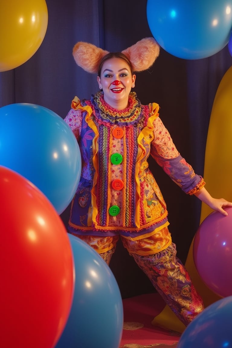 A whimsical clown stands amidst a dreamlike setting: floating balloons and abstract shapes softly lit by theatrical lighting. Her expressive makeup and colorful costume glow with gentle shadows, featuring vibrant colors, exaggerated patterns, oversized buttons, and ruffles. The clown's joyful expression conveys movement and energy as she poses dynamically.