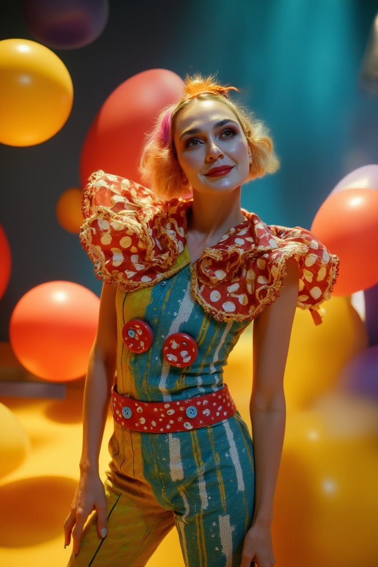 In a whimsical scene, a playful female clown stands amidst a surreal backdrop of floating balloons and abstract shapes, softly lit with theatrical lighting. Her expressive makeup and colorful costume glow with gentle shadows, featuring vibrant colors, exaggerated patterns, oversized buttons, and ruffles. Captured in a joyful expression, she poses dynamically, conveying movement and energy. Her skin is rendered with realistic textures and subtle sheen, while soft lighting effects enhance her whimsical character. Balloons of varying sizes float lazily in the background, their gentle movements creating a sense of playfulness. The composition balances individuality with the fantastical environment, harmonizing colors to create a cohesive narrative through artful framing.