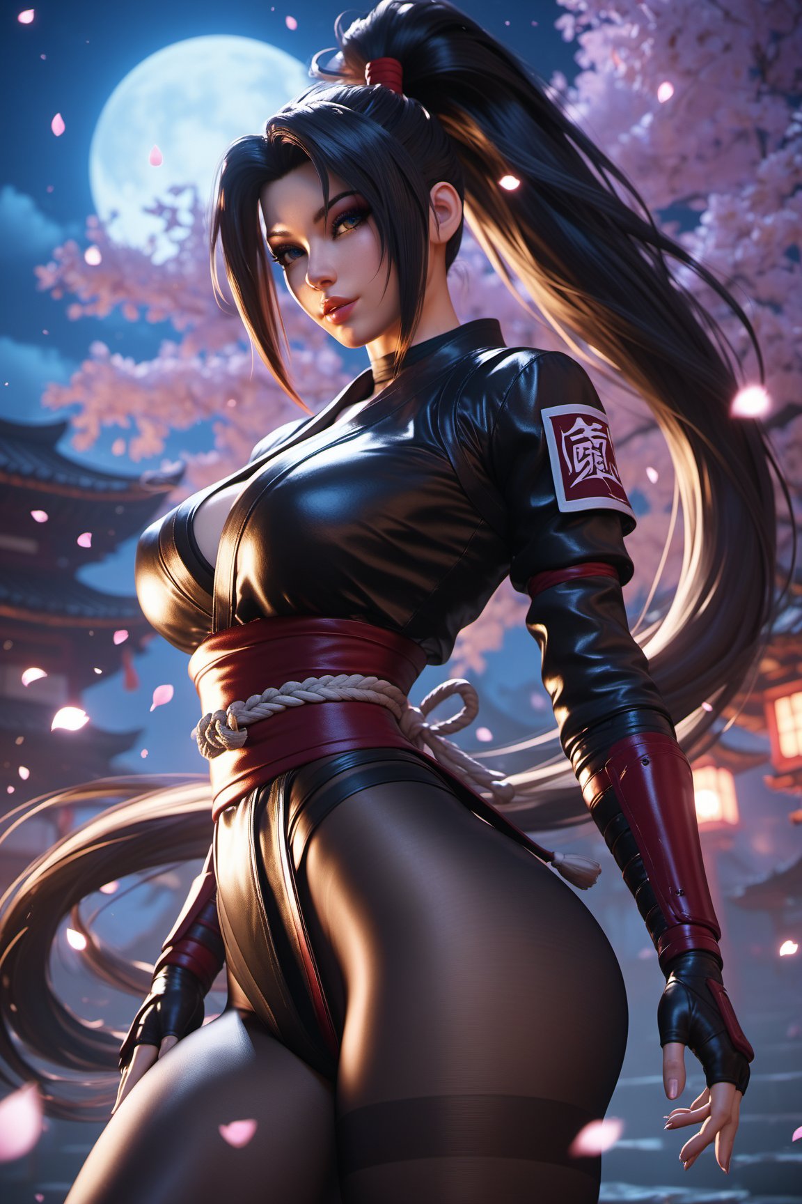 score_9, score_8_up, score_7_up, sexy girl, solo, makeup, long ponytail, black hair, ninja outfit, armor, pantyhose, thin waist, huge hip, large curvy hip, night, dim light, sakura_petals, subsurface scattering