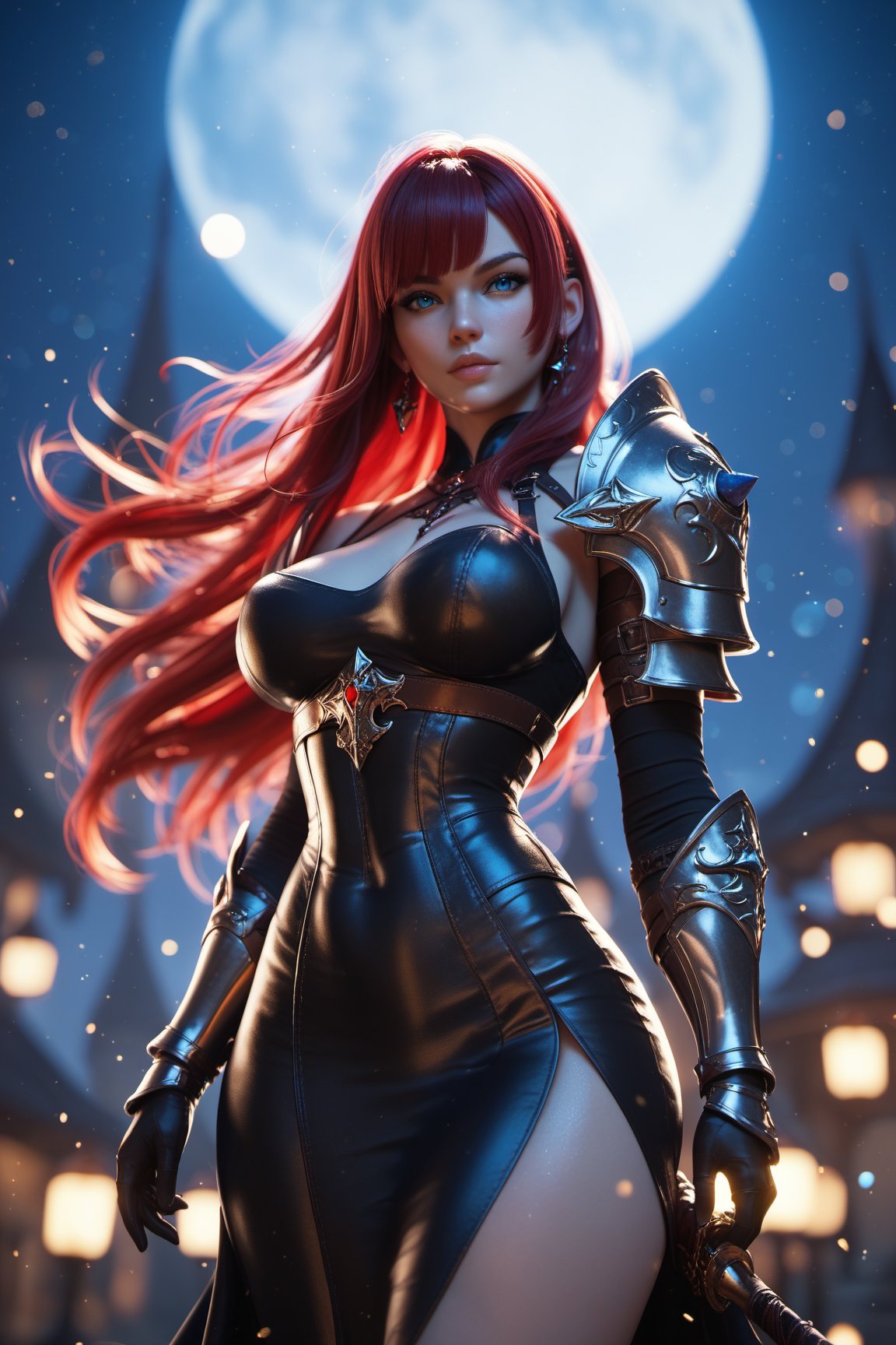 score_9, score_8_up, score_7_up, warrior girl, solo, fantasy character, red long hair, blue eyes, asymmetric_bangs, black dress, black Armor, looking at viewer, moon, light particles, night, bokeh, thin waist, huge hip,