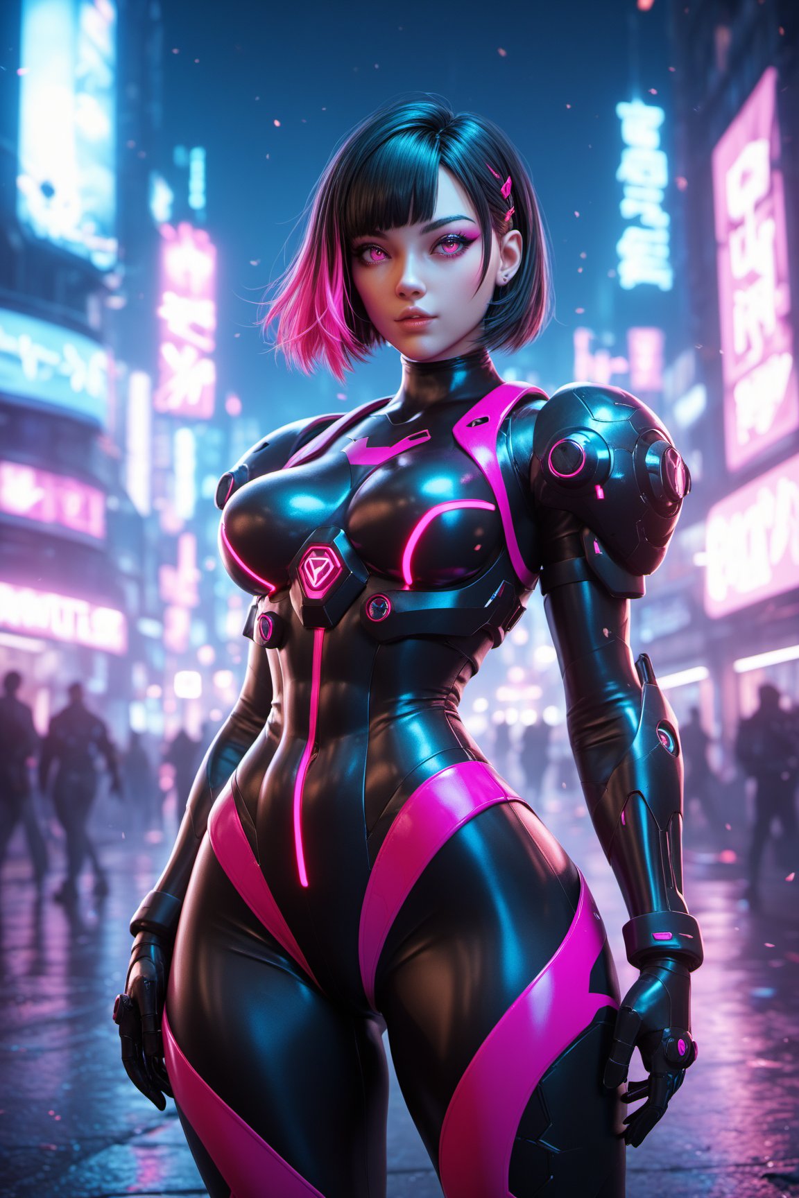 score_9, score_8_up, score_7_up, 1girl, solo, two-tone hair, short hair, neon hair, pink_eyes, black hair. thin waist, huge hip. black_battle suit, mechanical, enhancements, hi-tech Armor. city, night,