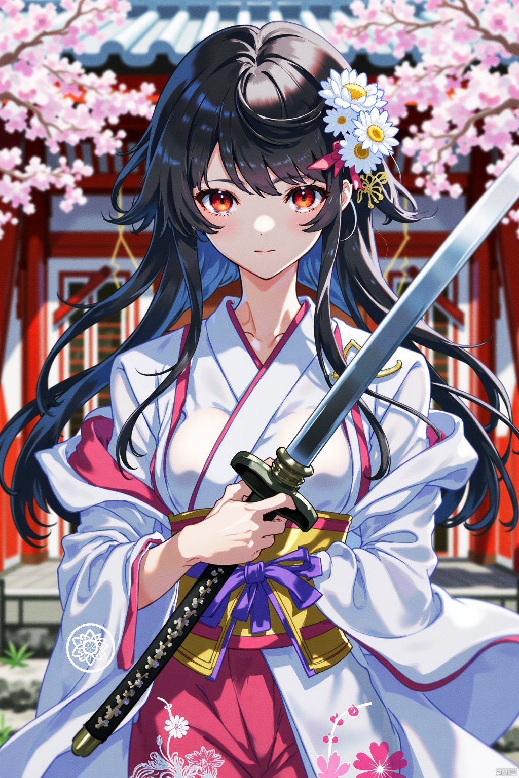 illustration,digital art,digital art,digital art,medium shot,young woman,1girl, japanese clothes, hair ornament, long hair, kimono, sword, weapon, solo, red eyes, holding, black hair, flower, hair flower, holding sword, holding weapon, bangs,A young women in a kimono holding a sword in front of a building.Cherry blossoms, samurai, traditional Japanese attire, dynamic pose, sword, watercolor effect, vibrant colors, intense gaze, detailed floral patterns, historical atmosphere.,Illustration Yoneyama