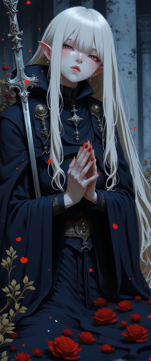 full body shot, masterpiece, best quality, elf, vampire hunter, dark blue layered clothing, dark blue cloak, 1man, extremely beautiful, handsome, Long white wavy hair, white eyelashes, blue eyes, red pupils, slender body, model pose, tall, perfect composition, kneeling, praying, confused, closed eyes, confused, man, albino, closed his eyes, hair between eyes, ruins of the old temple, white skin, Light from above, fireflies,l,ct-anime55,ct-physmstyle,ct-jennie