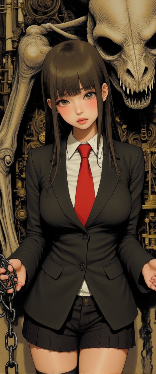  A hyper-realistic portrait of a stunning supermodel, featuring a beautifully detailed face with captivating eyes and a serene expression,(Stunning illustration of upper body and face of young beautiful girl.:1.5), This anime-style illustration is a detailed blend of gothic, horror, and fantasy elements. It depicts a stoic young girl in a blazer school uniform with a skeletal dragon-like monster looming behind her. The girl is restrained by coiled chains with her arms open, the chains connecting her to the creature, symbolizing a bond and symbiosis. The background is chaotic, with abstract patterns and mechanical parts, creating a supernatural atmosphere. The muted color palette highlights the red of the girl’s necktie. The artwork, rich in symbolism and intricate details, contrasts innocence with hidden darkness, typical of dark fantasy and horror genres in anime and manga.,ct-fantasioil,ct-anime55,ct-physmstyle,ct-jennie