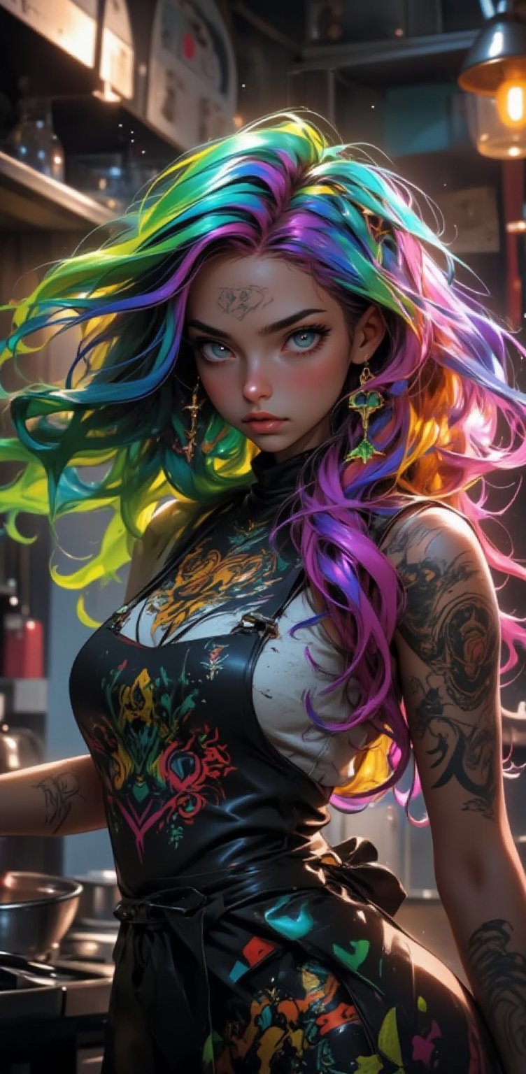 1gril, sensual, beautiful, sexy, in the kitchen, (((long multicolored hair {green}{yellow}{blue}{purple}))) (((with only an apron))), tattooed, delicate eyes and beautiful, looking at me. NiJi_2_FLUX,REALNIME, QTGIRLREAL