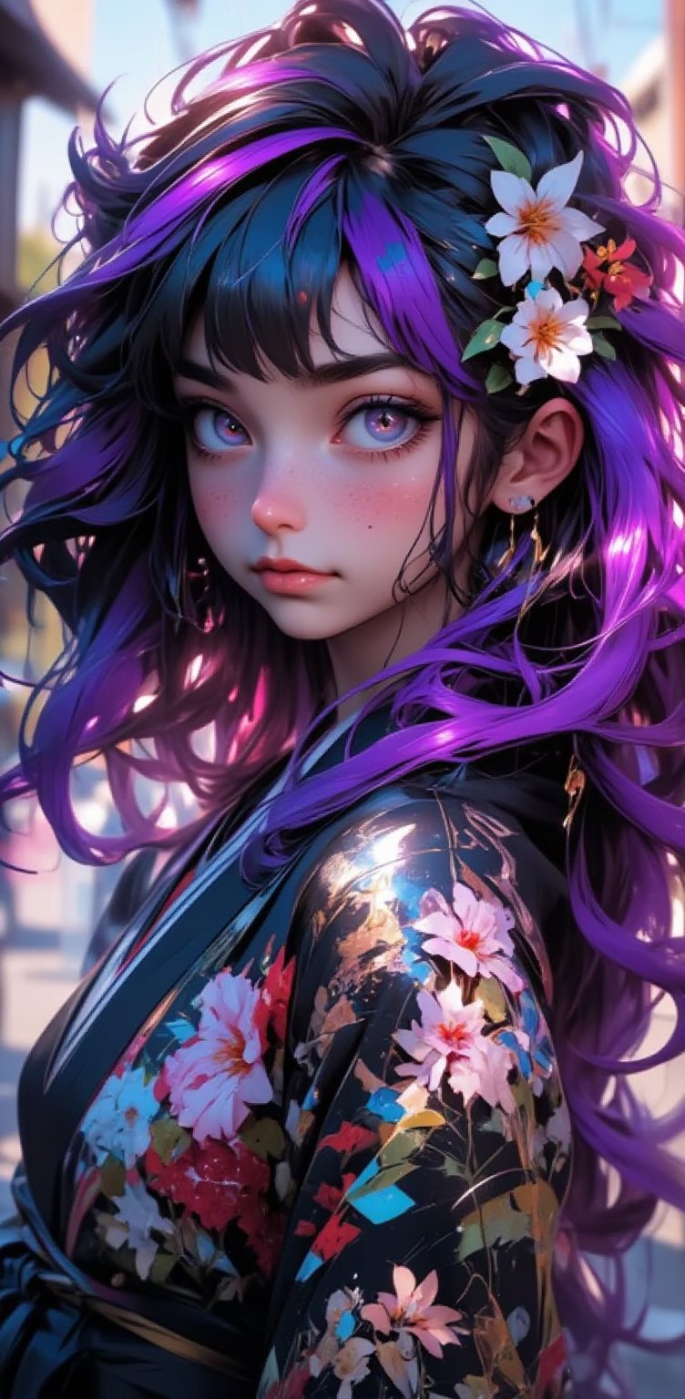 1girl, solo, looking at viewer, bangs, black hair, hair ornament, purple eyes, upper body, purple hair, flower, multicolored hair, parted lips, japanese clothes, teeth, hair flower, medium hair, kimono, from side, lips, looking to the side, gradient hair, leaf, floral print, white flower, noseNiJi_2_FLUX,REALNIME, QTGIRLREAL