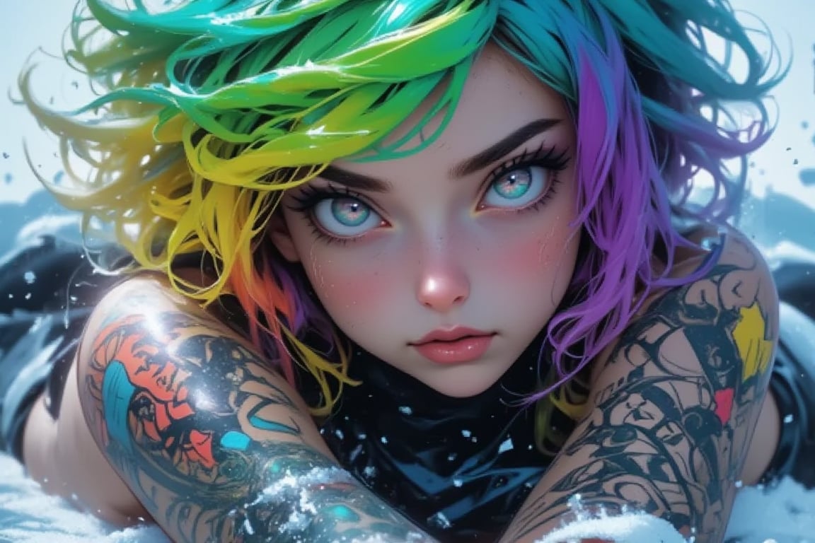 Woman sensual, beautiful, sexy, lying with the snow, (((short messy multicolored hair {green}{yellow}{blue}{purple}))) scantily clad, tattooed, delicate and beautiful eyes, with snow falling on she NiJi_2_FLUX,REALNIME, QTGIRLREAL