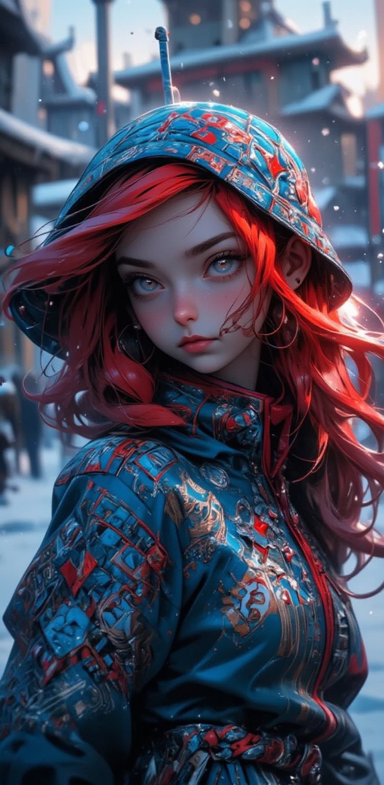 beautiful woman wearing blue jaket, red head, falling snow, Katyasitak, closeup, masterpiece, higeres, 4k, hdr, trending on ArtStation, NiJi_2_FLUX,REALNIME, QTGIRLREAL