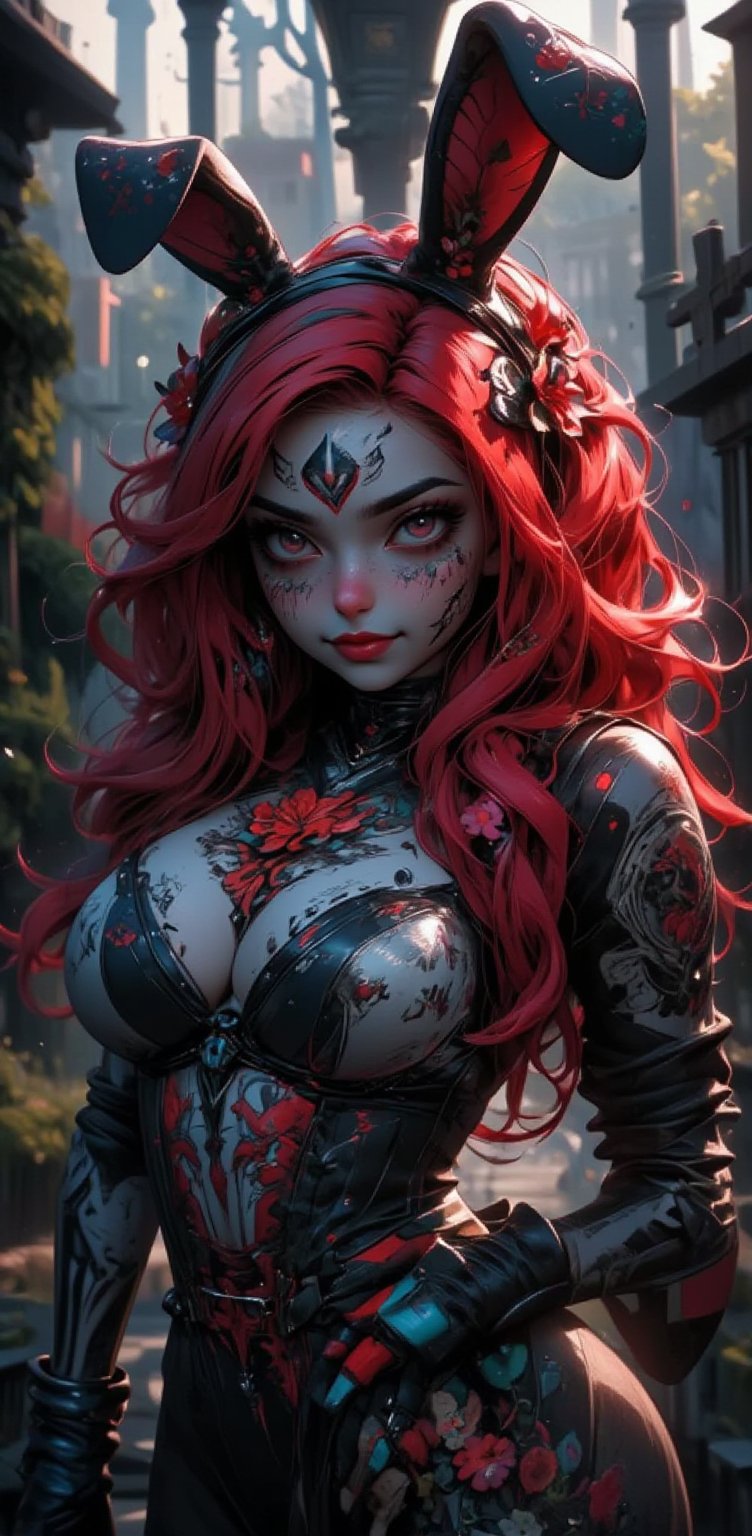 ( a 28-year-old germany woman), smiling, (La Catrina makeup, flower-themed design, white base, hollow eyes, dark eyebrows and eyelashes, colorful flower design, bold lips:1.3), (long red hair:1.3), (massive chest:1.3), voluptuous and fit, (wearing a Playboy bunny outfit, lace corset, Bunny Tail, cuffs and collar, Socks and bandages:1.3), (choker necklace:1.2), (La Katrina makeup, pale base, facial details of the skull, dramatic eyes and eyebrows, striking lips, floral details:1.2), (masterpiece, best quality;1.0), extremely detailed, ultra detailed, (background of a cemetery, graves, niches, mausoleums, crosses, statues, gardens and landscapes, chapels, streets and paths, moody, nebulous, scary forest: 1.2), (dark atmosphere carving the shapes in sharp chiaroscuro: 0.1), (highly detailed skin: 1.2), (toned physique: 1.2), (dynamic pose: 1.2), detailed background, sharp focus, ray tracing, dark lighting, twilight lighting, volumetric lighting, highly detailed, intricate details, 8k, highly detailed, UHD, HDR, photorealistic,, realism NiJi_2_FLUX,REALNIME, QTGIRLREAL