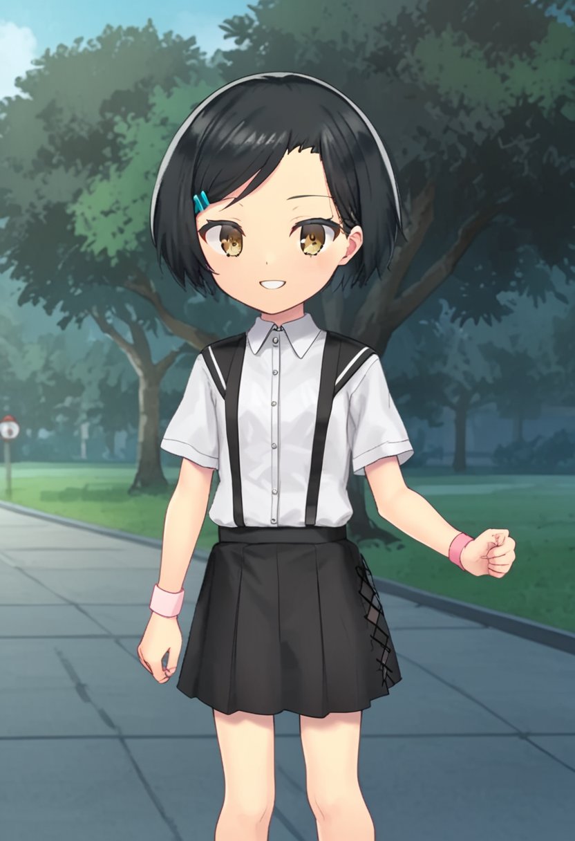 1girl, solo, yumesakiminakaren, black hair, short hair, hairclip, brown eyes, pink bracelet, white shirt, short sleeves, black skirt, suspender skirt, standing, outdoors, campus, smile, parted lips