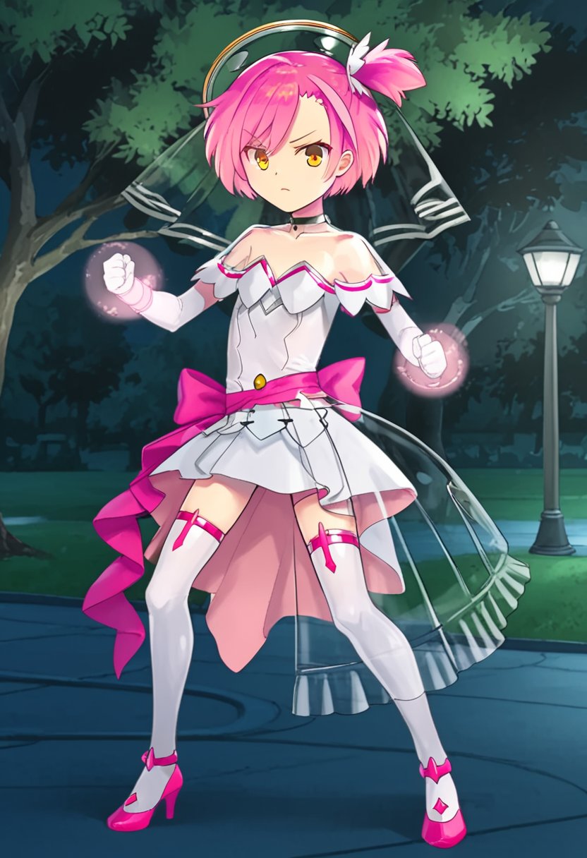 1girl, solo, yumesakiminakaren, pink hair, short hair, one side up, yellow eyes, orange eyes, choker, hair ornament, veil, halo, white dress, strapless dress, elbow gloves, pink bracelet, thighhighs, pink heels, magical girl, outdoors, park, night, standing, full body, serious, parted lips, dynamic pose, fighting stance