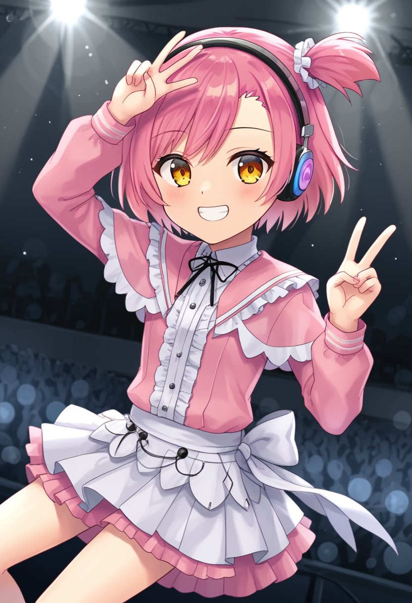 1girl, solo, yumesakiminakaren, pink hair, short hair, one side up, yellow eyes, orange eyes, headphones, pink shirt, long sleeves, white skirt, frills, idol outfit, dancing, on stage, audience, smile, teeth, peace, v