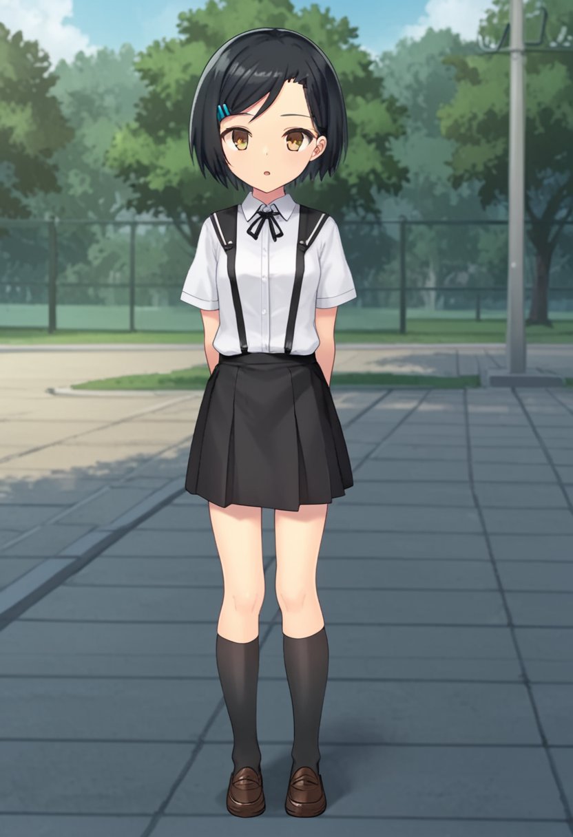 1girl, solo, yumesakiminakaren, black hair, short hair, hairclip, brown eyes, white shirt, short sleeves, black skirt, suspender skirt, kneehighs, loafers, standing, outdoors, campus, parted lips, full body, arms behind back, looking at viewer, facing the viewer