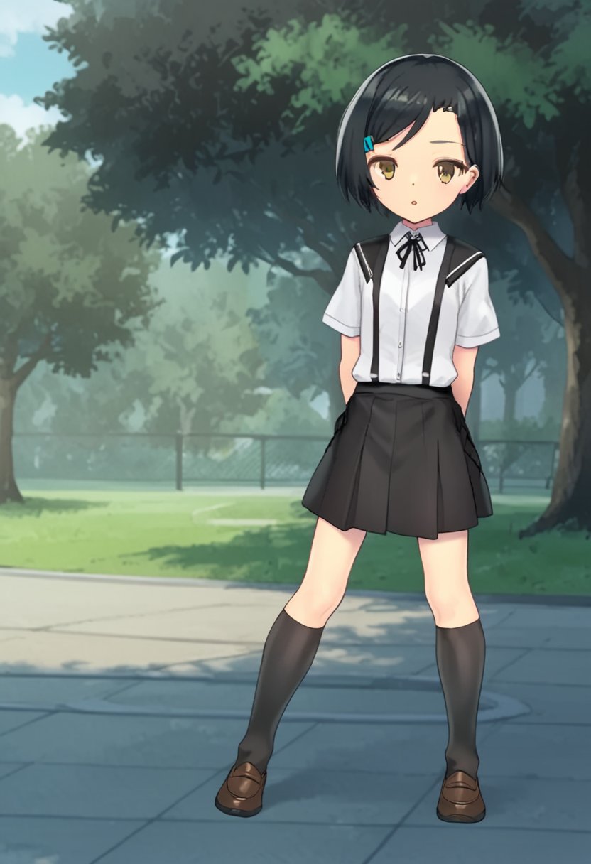 1girl, solo, yumesakiminakaren, black hair, short hair, hairclip, brown eyes, white shirt, short sleeves, black skirt, suspender skirt, kneehighs, loafers, standing, outdoors, campus, parted lips, full body, arms behind back, looking at viewer, facing the viewer