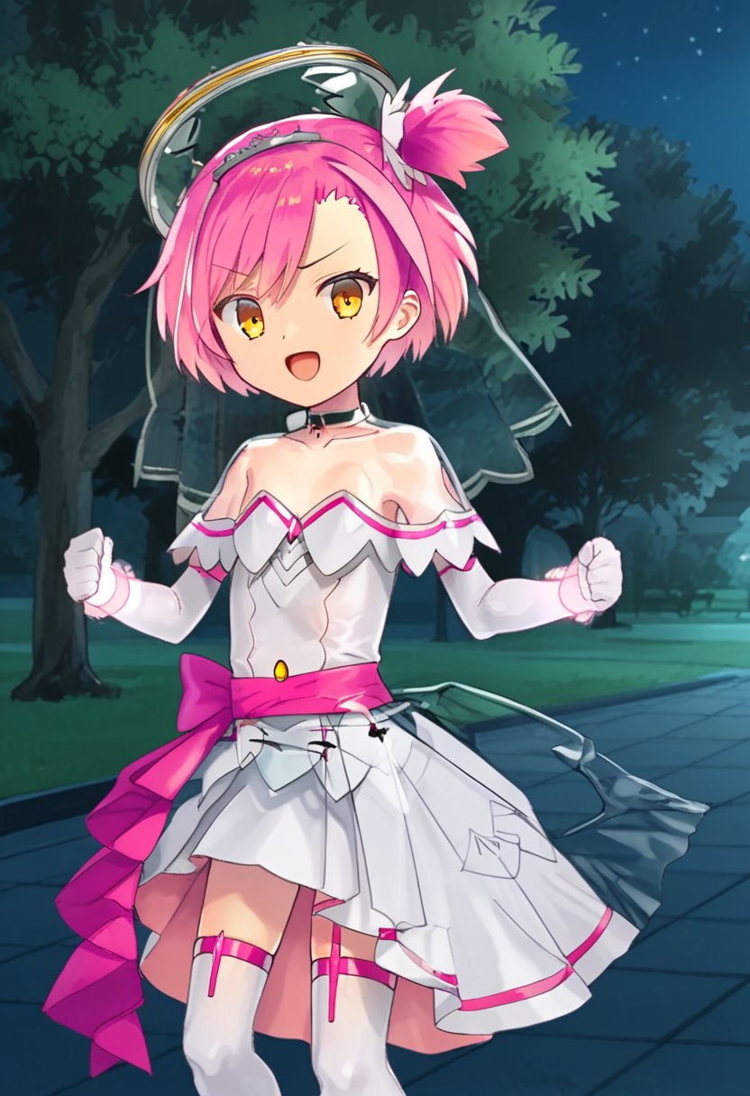 1girl, solo, yumesakiminakaren, pink hair, short hair, one side up, yellow eyes, orange eyes, choker, hair ornament, veil, halo, white dress, strapless dress, elbow gloves, pink bracelet, thighhighs, magical girl, outdoors, park, night, standing, cowboy shot, open mouth, serious, smile