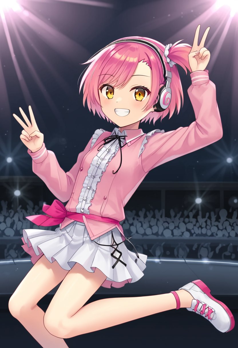 1girl, solo, yumesakiminakaren, pink hair, short hair, one side up, yellow eyes, orange eyes, headphones, pink shirt, long sleeves, white skirt, frills, idol outfit, dancing, on stage, audience, smile, teeth, peace, v