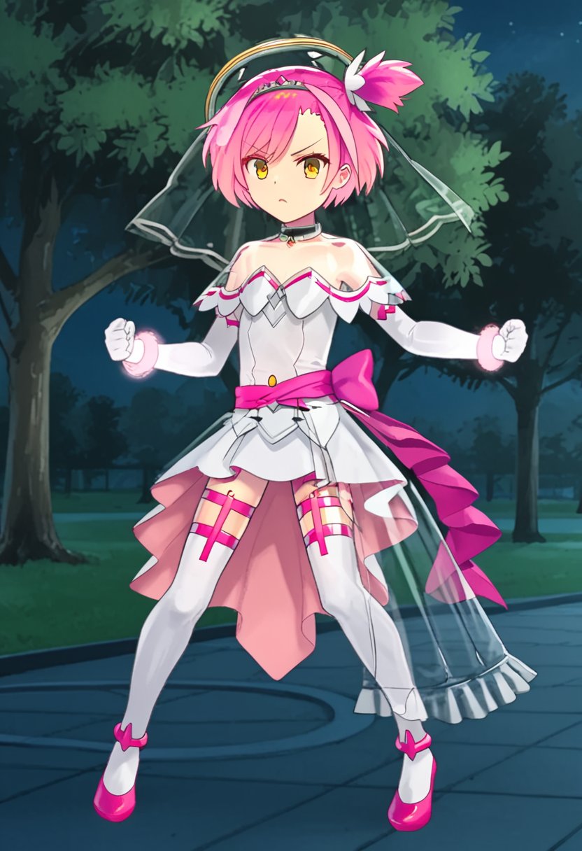 1girl, solo, yumesakiminakaren, pink hair, short hair, one side up, yellow eyes, orange eyes, choker, hair ornament, veil, halo, white dress, strapless dress, elbow gloves, pink bracelet, thighhighs, pink heels, magical girl, outdoors, park, night, standing, full body, serious, parted lips, dynamic pose, fighting stance