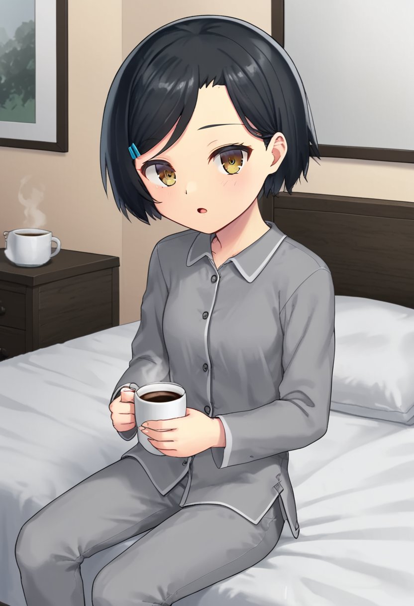 1girl, solo, yumesakiminakaren, black hair, short hair, hairclip, brown eyes, grey shirt, long sleeves, grey pants, pajamas, indoors, sitting, bed, holding, cup, coffee, parted lips, looking at viewer